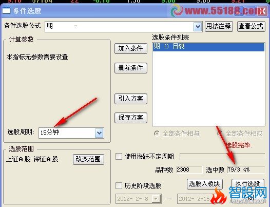 通达信15分钟里面，5日线上穿72日线做个选股公式